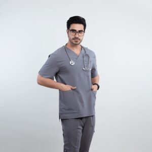 اسکراب پزشکی یونیسکس مدل لوتوس رنگ طوسی با 10 جیب و یقه هفت