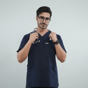 اسکراب پزشکی یونیسکس مدل لوتوس سرمه ای با 10 جیب و یقه هفت